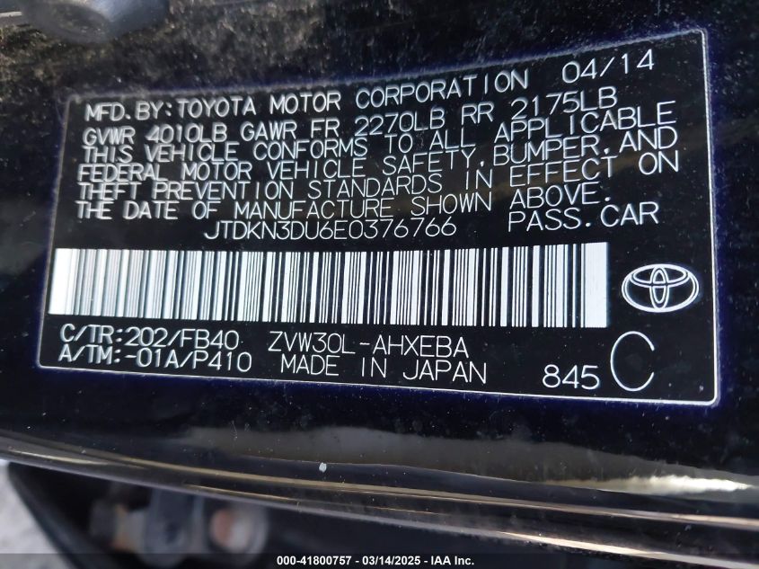 2014 Toyota Prius Two VIN: JTDKN3DU6E037676 Lot: 41800757