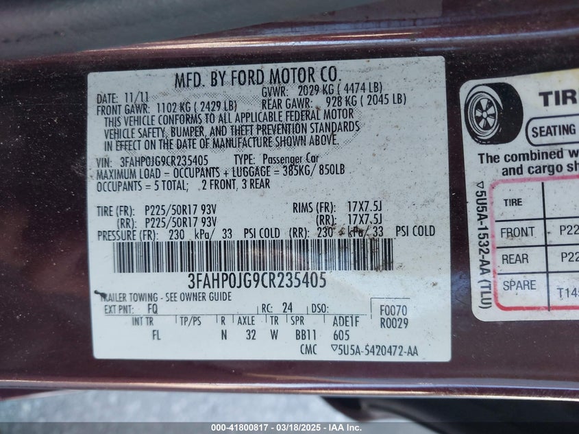 2012 FORD FUSION VIN: 3FAHP0JG9CR235405