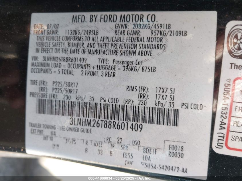 2008 Lincoln Mkz VIN: 3LNHM26T88R601409 Lot: 41800834