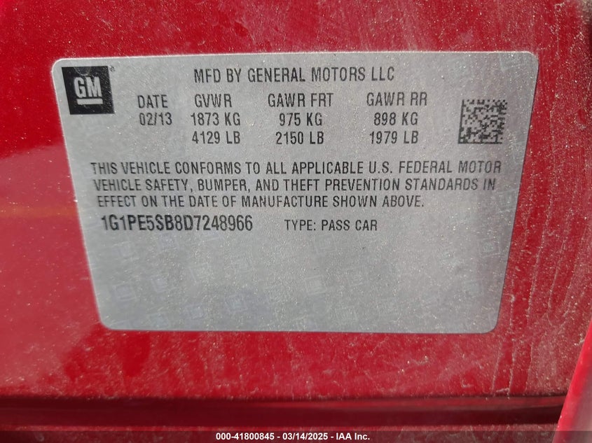 2013 CHEVROLET CRUZE VIN: 1G1PE5SB8D7248966