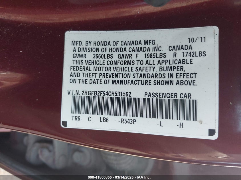 2012 HONDA CIVIC VIN: 2HGFB2F54CH531562
