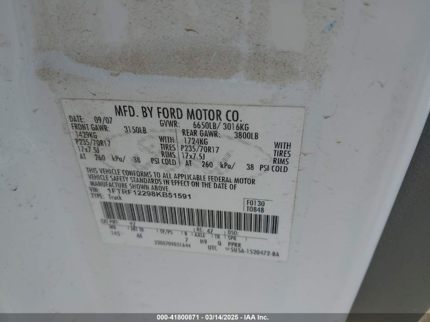 2008 Ford F-150 Stx/Xl/Xlt VIN: 1FTRF12298KB51591 Lot: 41800871