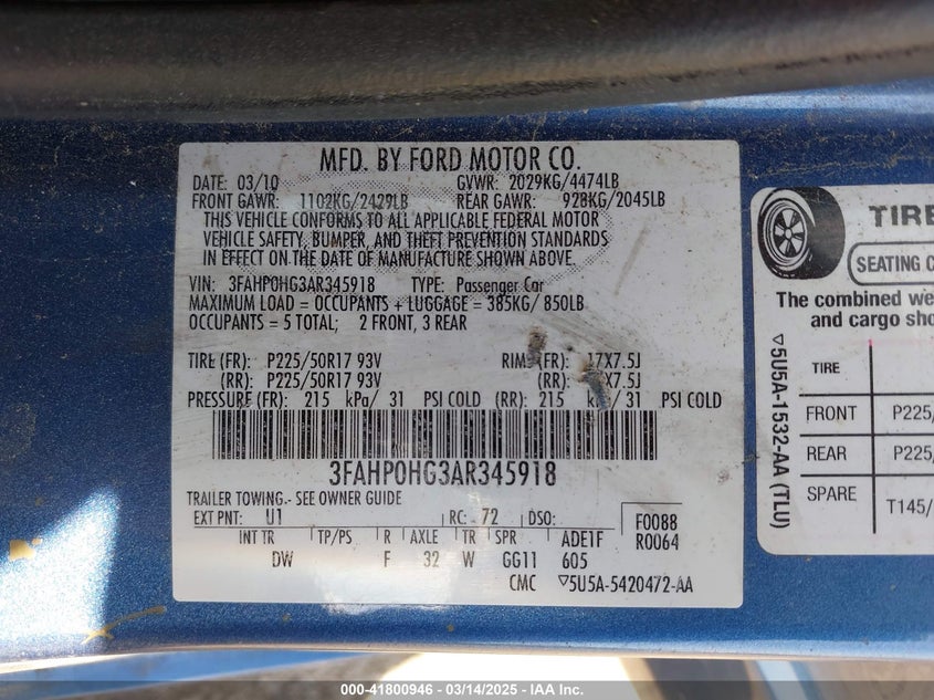 2010 FORD FUSION VIN: 3FAHP0HG3AR345918