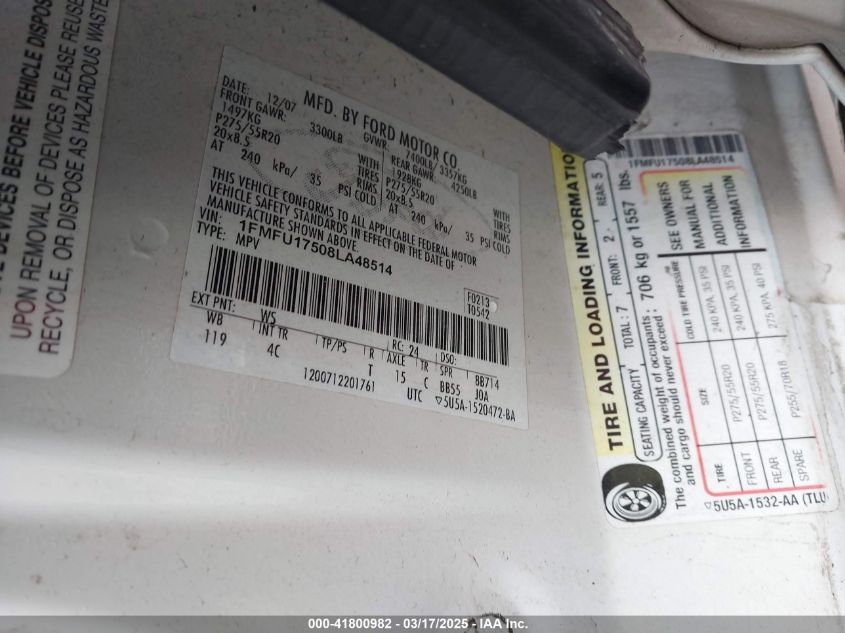 2008 Ford Expedition Eddie Bauer/King Ranch VIN: 1FMFU17508LA48514 Lot: 41800982