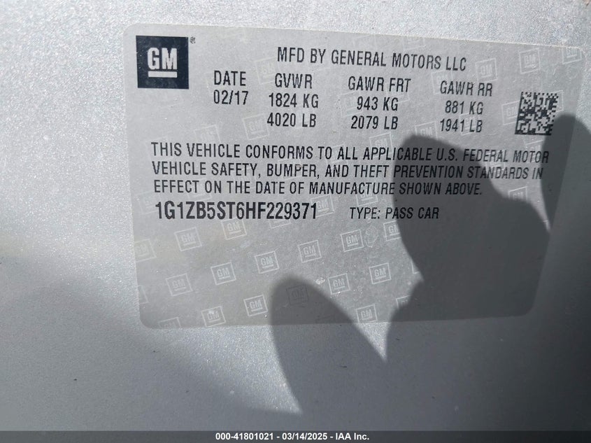 2017 Chevrolet Malibu Ls VIN: 1G1ZB5ST6HF229371 Lot: 41801021