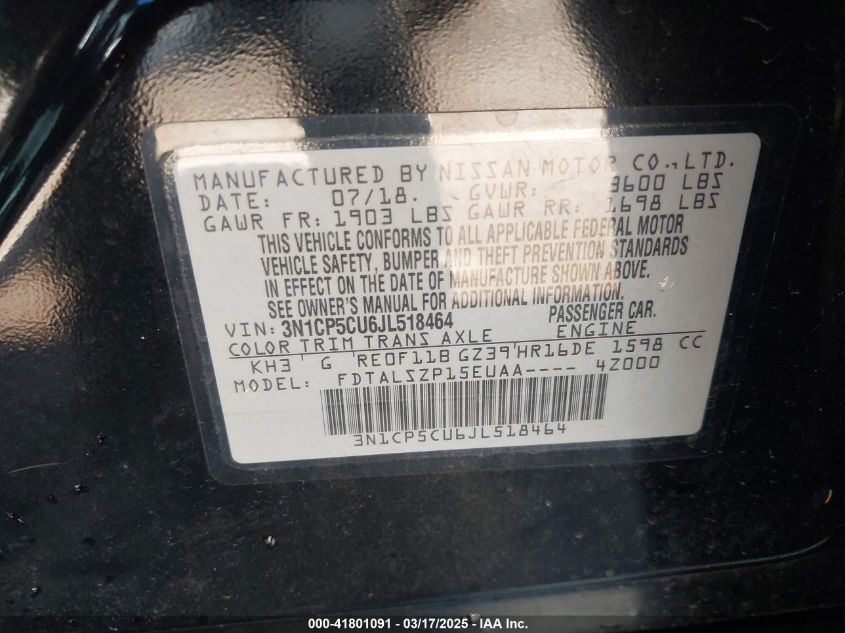 2018 Nissan Kicks Sv VIN: 3N1CP5CU6JL518464 Lot: 41801091