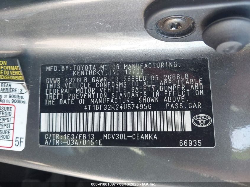 2004 Toyota Camry Le V6 VIN: 4T1BF32K24U574956 Lot: 41801097