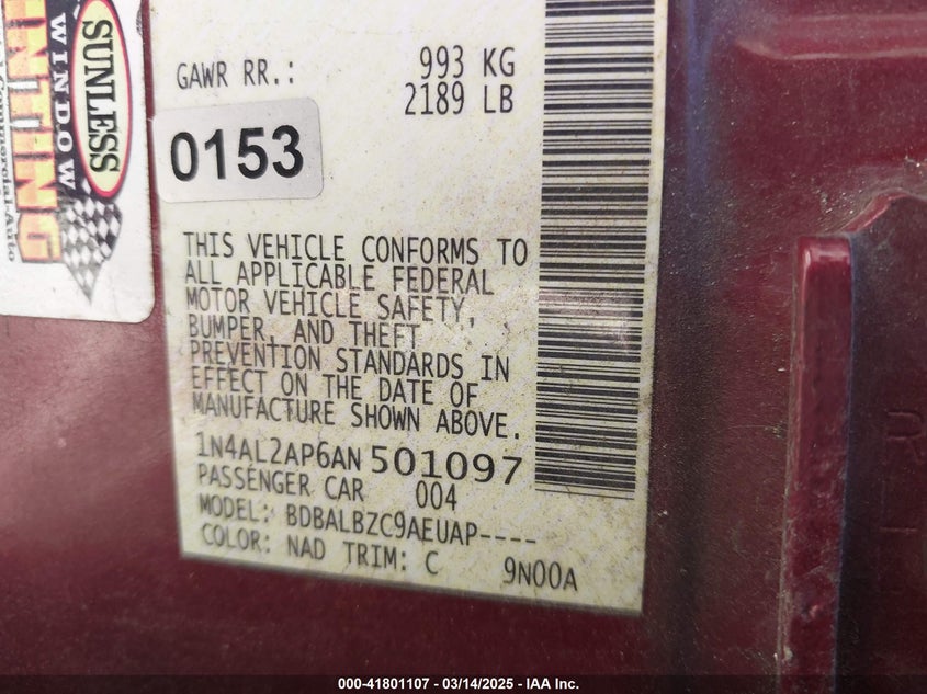 2010 NISSAN ALTIMA VIN: 1N4AL2AP6AN501097