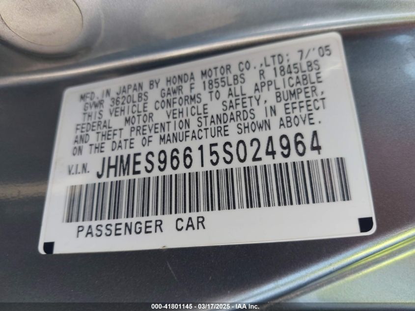 2005 Honda Civic Hybrid VIN: JHMES96615S024964 Lot: 41801145
