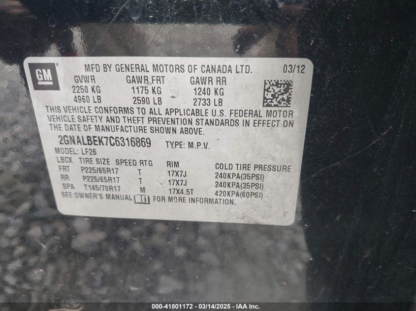 2012 Chevrolet Equinox Ls VIN: 2GNALBEK7C6316869 Lot: 41801172