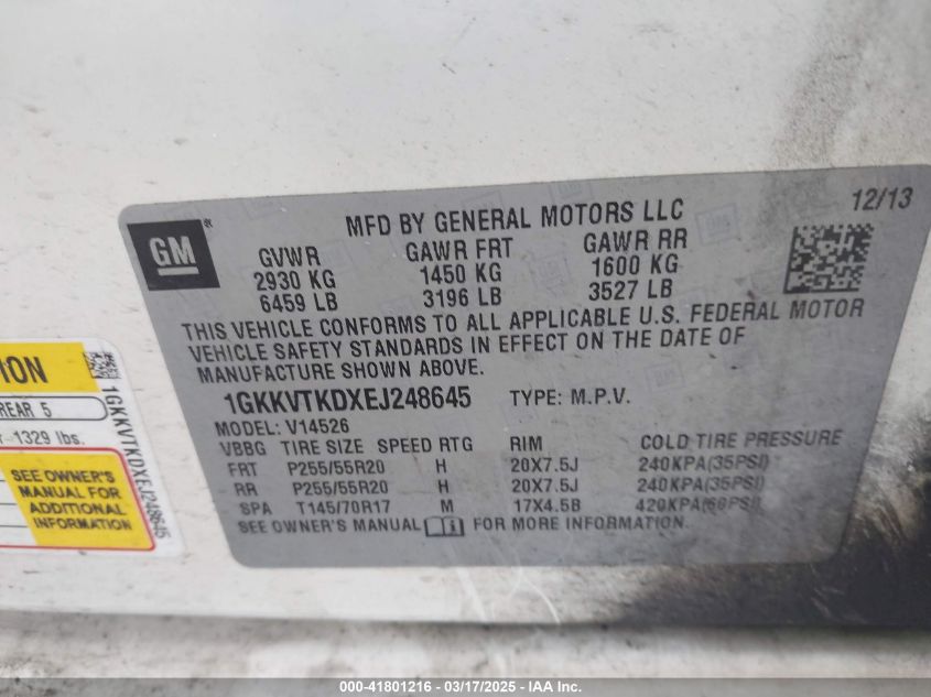 2014 GMC Acadia Denali VIN: 1GKVTKDXEJ248645 Lot: 41801216