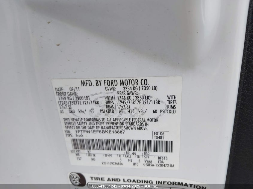 2011 FORD F150 VIN: 1FTFW1EF6BKE18887