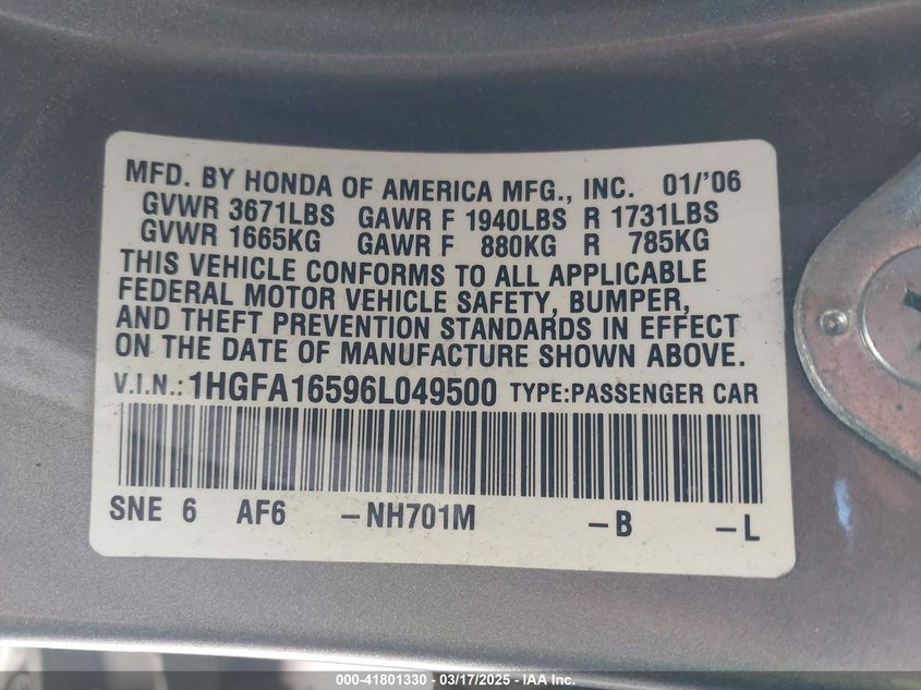 2006 HONDA CIVIC VIN: 1HGFA16596L049500