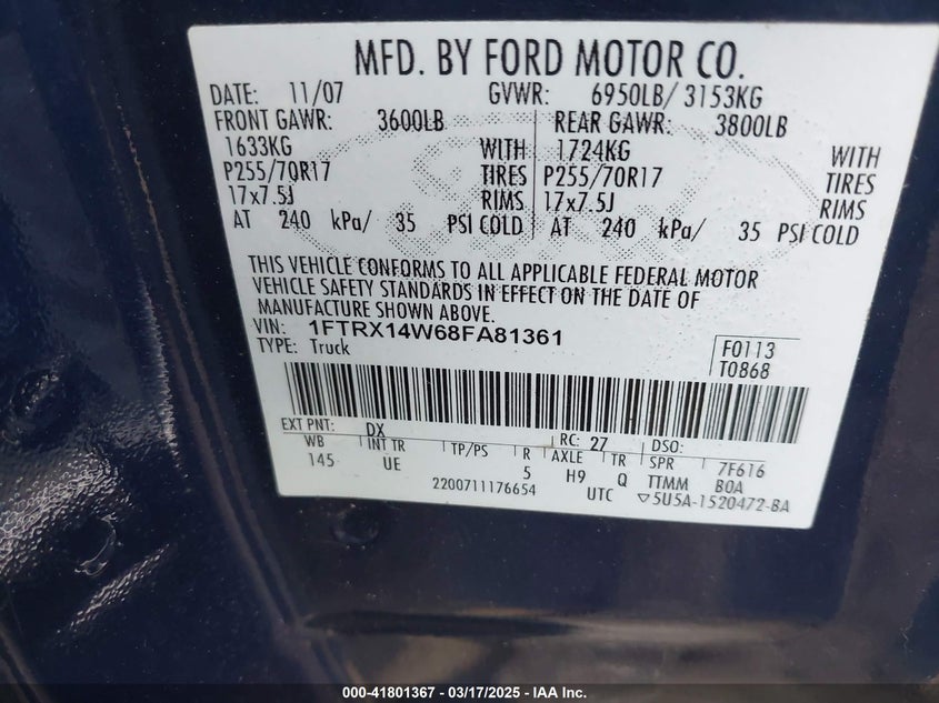 2008 FORD F-150 VIN: 1FTRX14W68FA81361