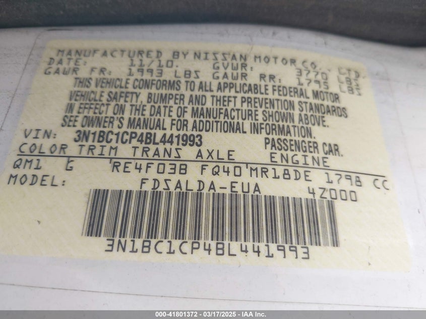 2011 NISSAN VERSA VIN: 3N1BC1CP4BL441993