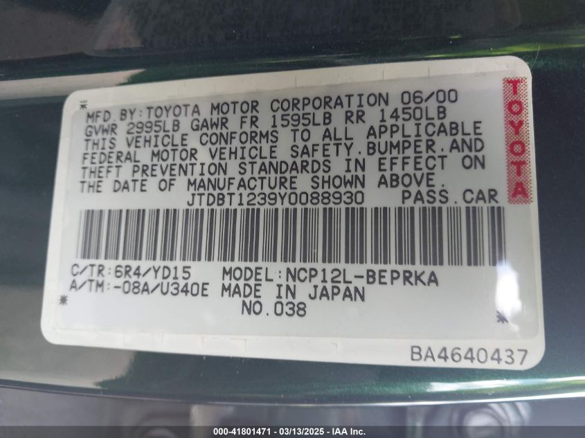 2000 Toyota Echo VIN: JTDBT1239Y0088930 Lot: 41801471