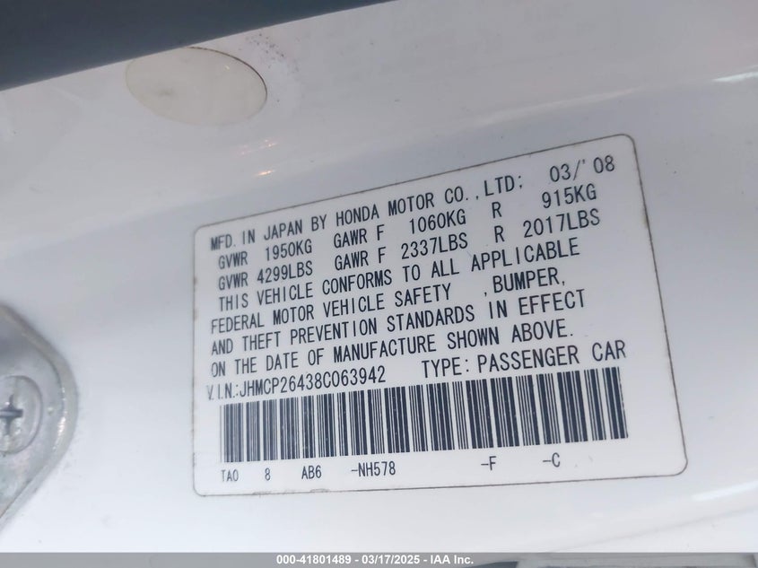 2008 HONDA ACCORD VIN: JHMCP26438C063942