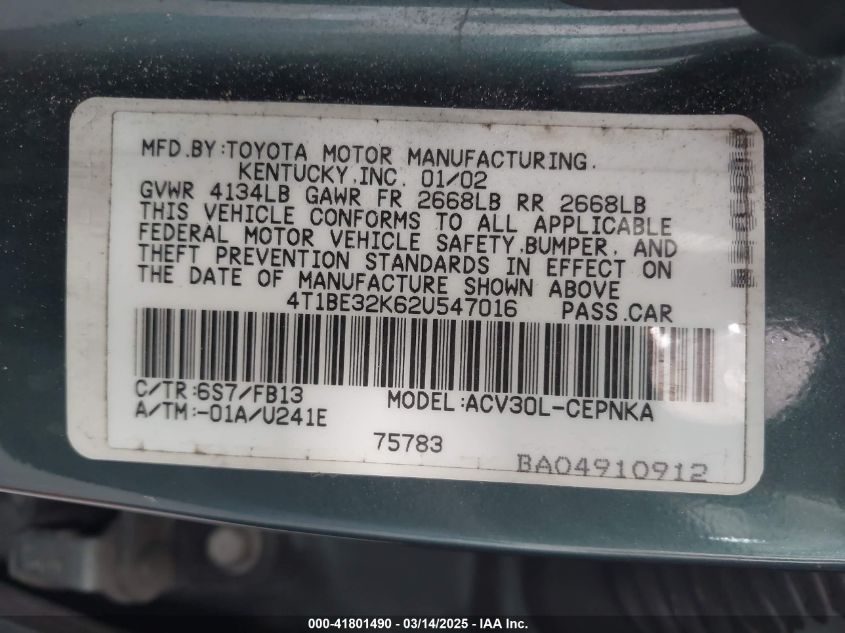 2002 Toyota Camry Le VIN: 4T1BE32K62U547016 Lot: 41801490