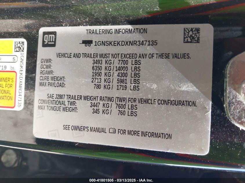 2022 Chevrolet Suburban 4Wd Rst VIN: 1GNSKEKDXNR347135 Lot: 41801505