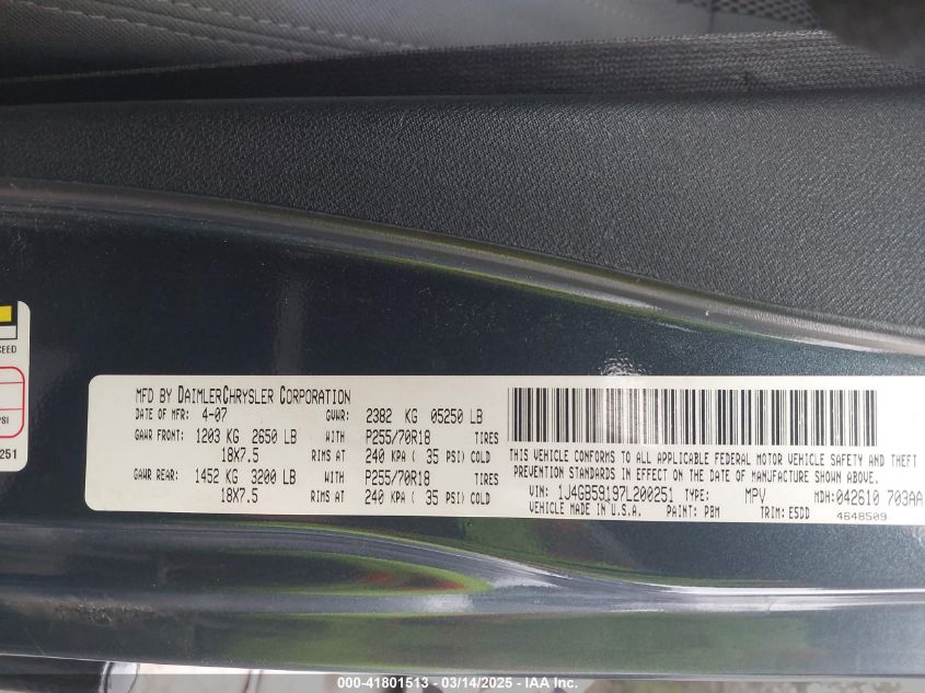 2007 Jeep Wrangler Unlimited Sahara VIN: 1J4GB59197L200251 Lot: 41801513