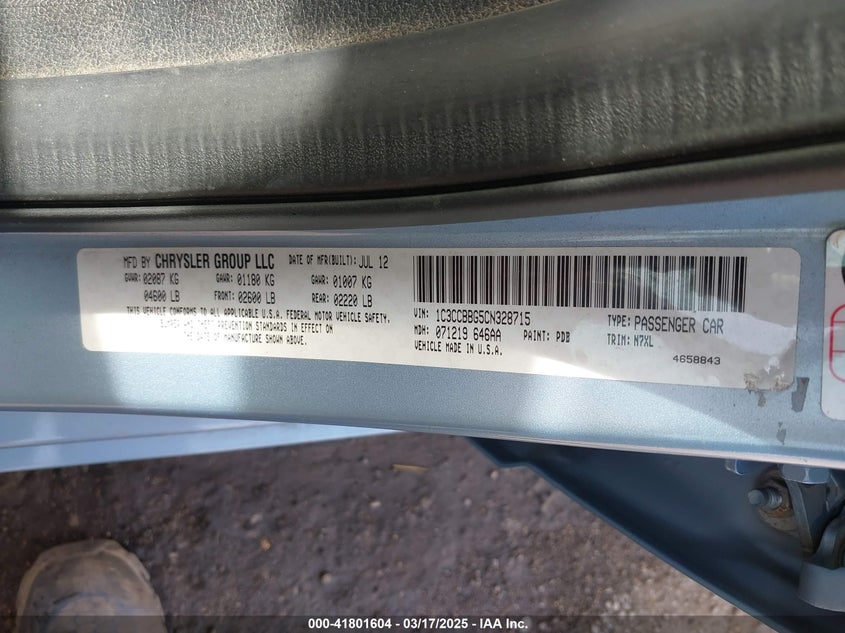 2012 CHRYSLER 200 VIN: 1C3CCBBG5CN328715