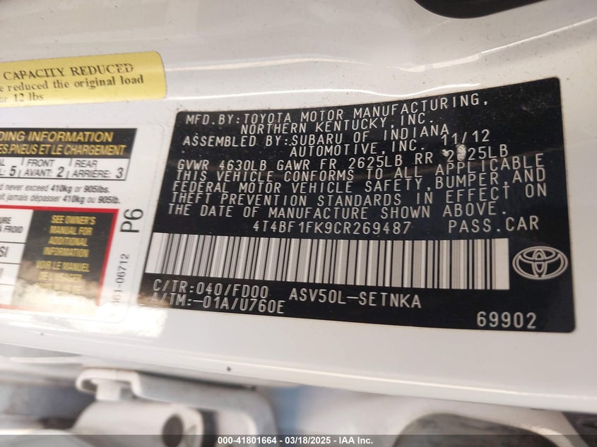 2012 TOYOTA CAMRY VIN: 4T4BF1FK9CR269487