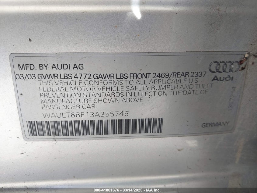 2003 Audi A4 3.0 VIN: WAULT68E13A355746 Lot: 41801676