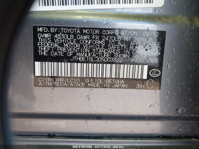 2013 Lexus Gs 350 VIN: JTHBE1BL2D5003822 Lot: 41801692