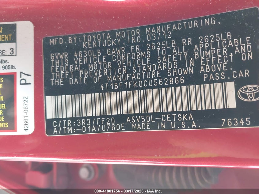 2012 TOYOTA CAMRY VIN: 4T1BF1FK0CU562866