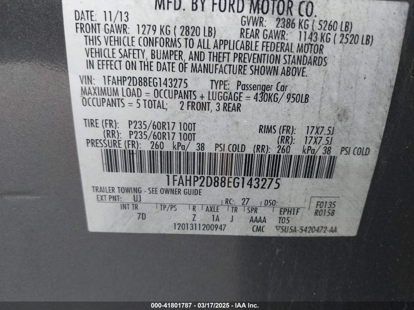 2014 FORD TAURUS VIN: 1FAHP2D88EG143275