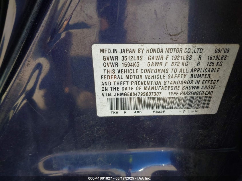 2009 HONDA FIT VIN: JHMGE88479S007307