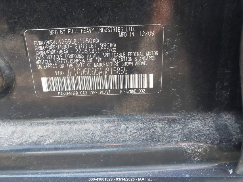 2010 SUBARU IMPREZA OUTBACK SPORT VIN: JF1GH6D66AH815885