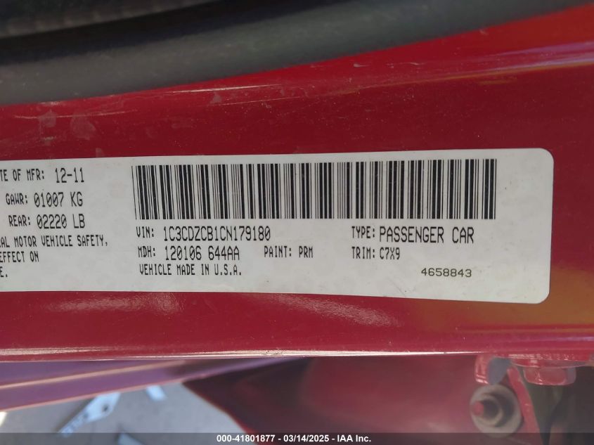 2012 Dodge Avenger Sxt VIN: 1C3CDZCB1CN179180 Lot: 41801877