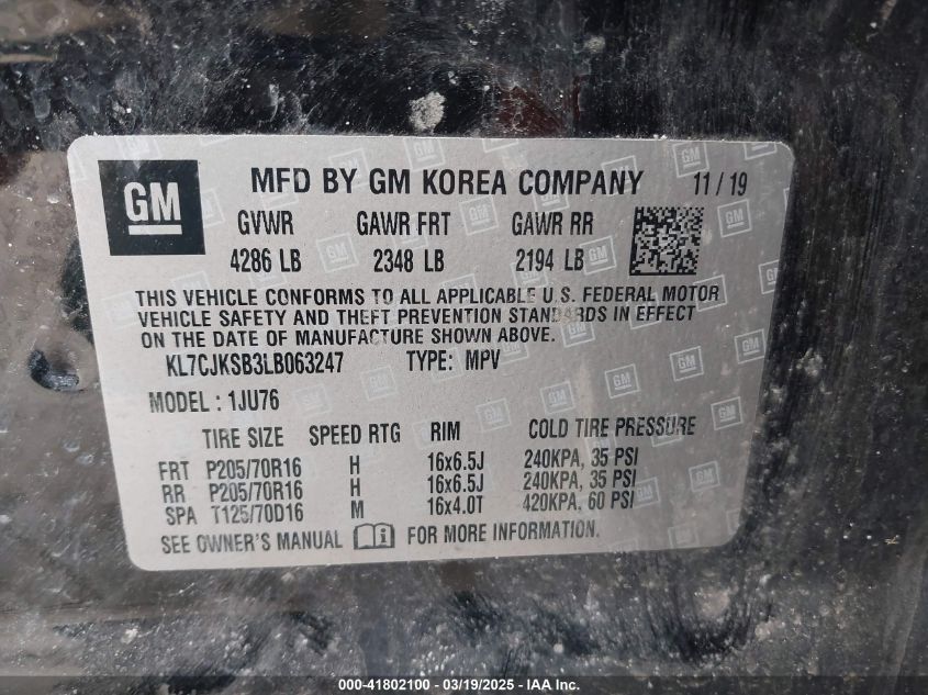 2020 Chevrolet Trax Fwd Ls VIN: KL7CJKSB3LB063247 Lot: 41802100