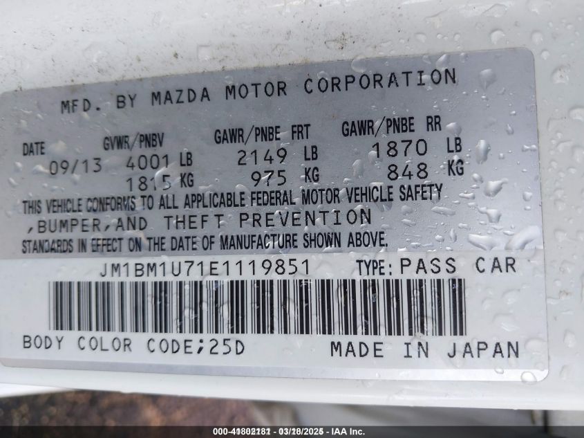 2014 Mazda Mazda3 I Sport VIN: JM1BM1U71E1119851 Lot: 42146257