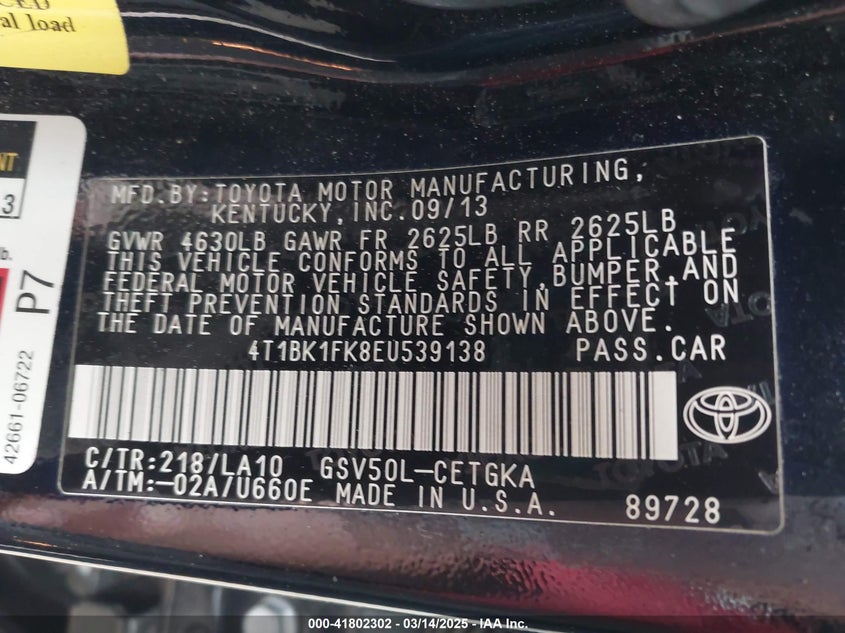 2014 TOYOTA CAMRY VIN: 4T1BK1FK8EU539138