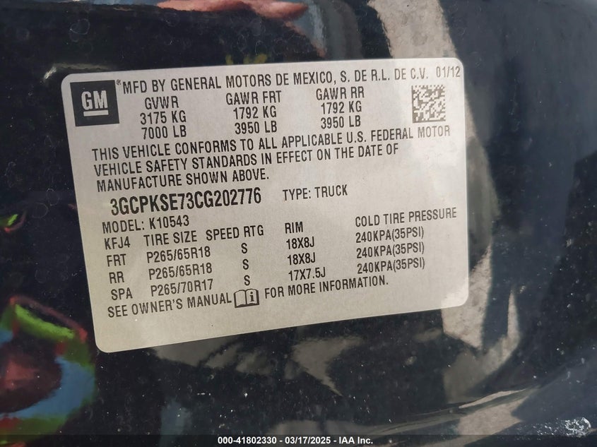 2012 CHEVROLET SILVERADO 1500 VIN: 3GCPKSE73CG202776