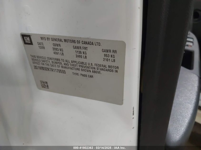 2010 Chevrolet Impala Lt VIN: 2G1WB5EN7A1179593 Lot: 41802363