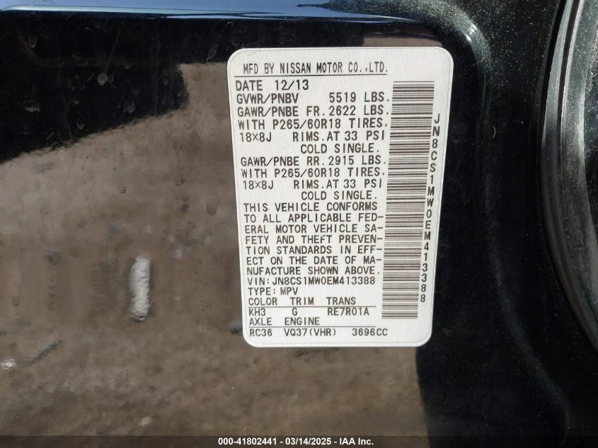 2014 Infiniti Qx70 VIN: JN8CS1MW0EM413388 Lot: 41802441