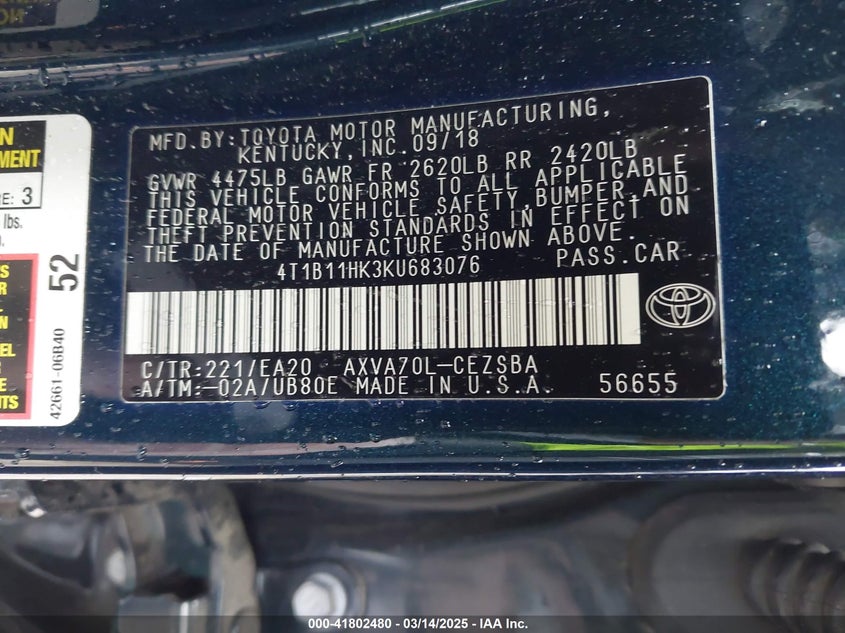 2019 TOYOTA CAMRY VIN: 4T1B11HK3KU683076