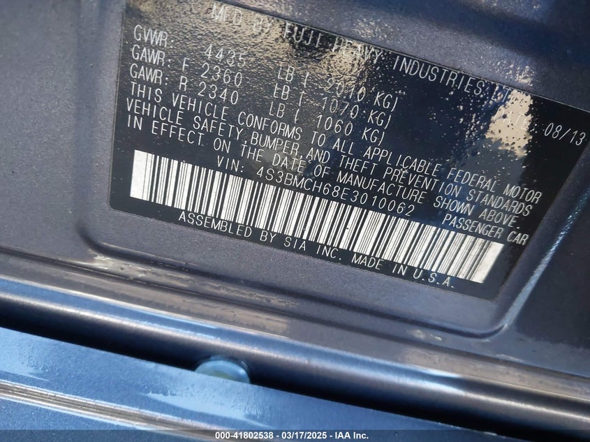 2014 SUBARU LEGACY VIN: 4S3BMCH68E3010062