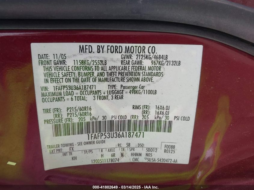 2006 Ford Taurus Se VIN: 1FAFP53U36A187471 Lot: 41802649