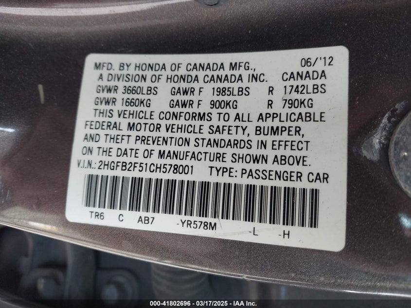 2012 HONDA CIVIC VIN: 2HGFB2F51CH578001