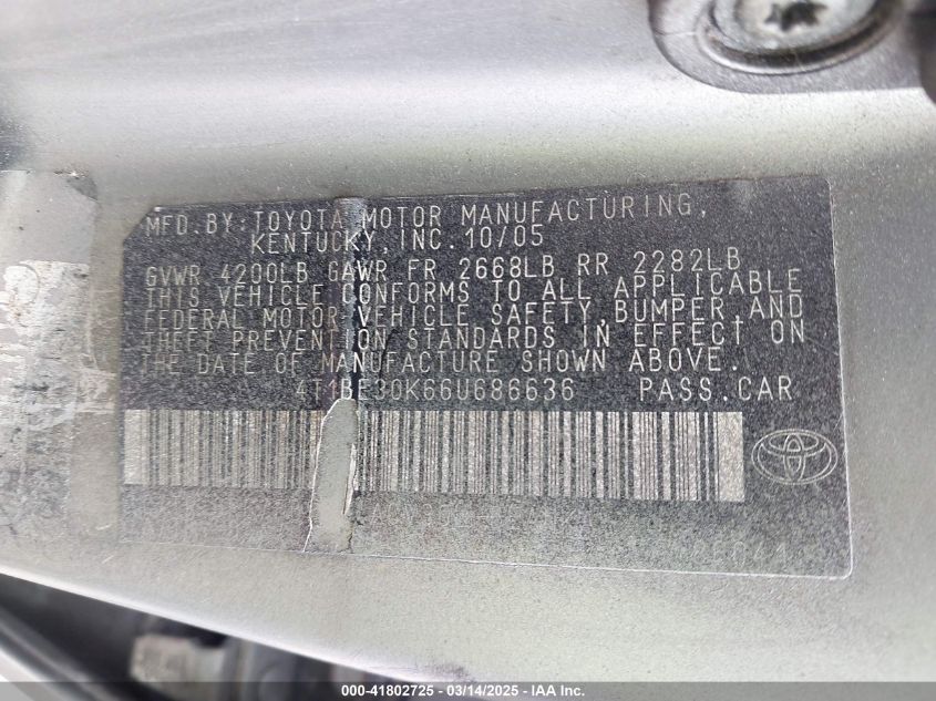2006 Toyota Camry Le VIN: 4T1BE30K66U686636 Lot: 41802725
