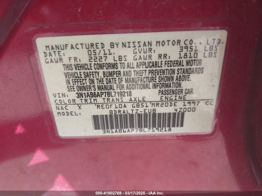 2011 NISSAN SENTRA VIN: 3N1AB6AP7BL719218