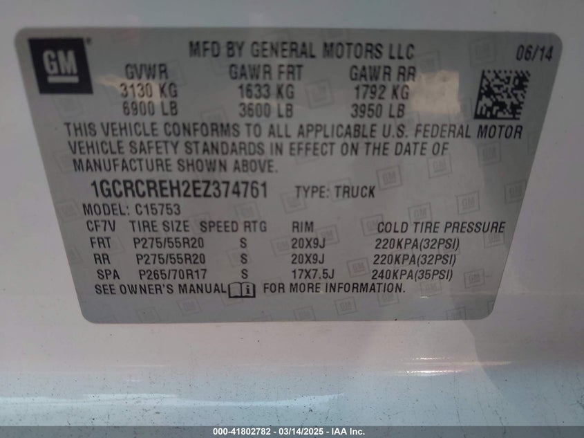 2014 CHEVROLET SILVERADO 1500 VIN: 1GCRCREH2EZ374761