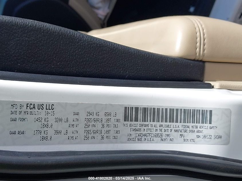 2015 Dodge Durango Sxt VIN: 1C4RDHAG7FC169526 Lot: 41802820