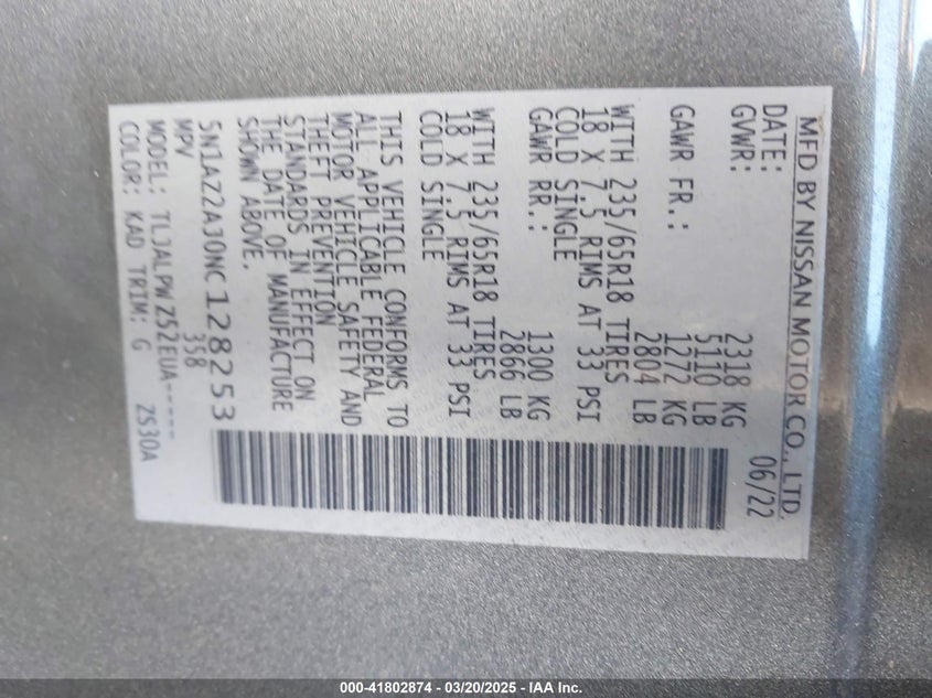 2022 NISSAN MURANO S FWD - 5N1AZ2AJ0NC128253