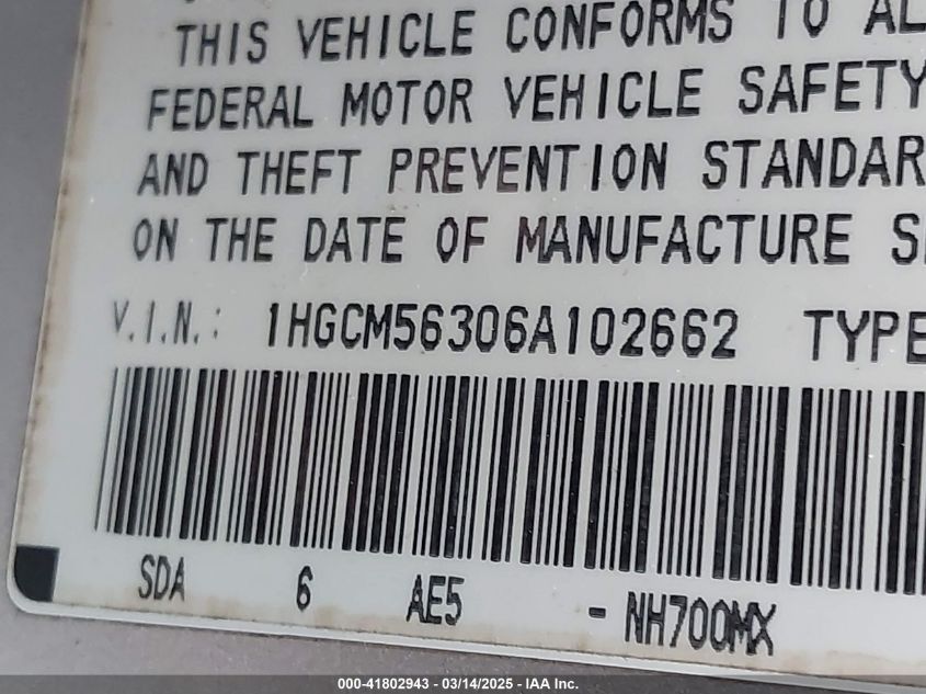 2006 Honda Accord 2.4 Se VIN: 1HGCM56306A102662 Lot: 41802943