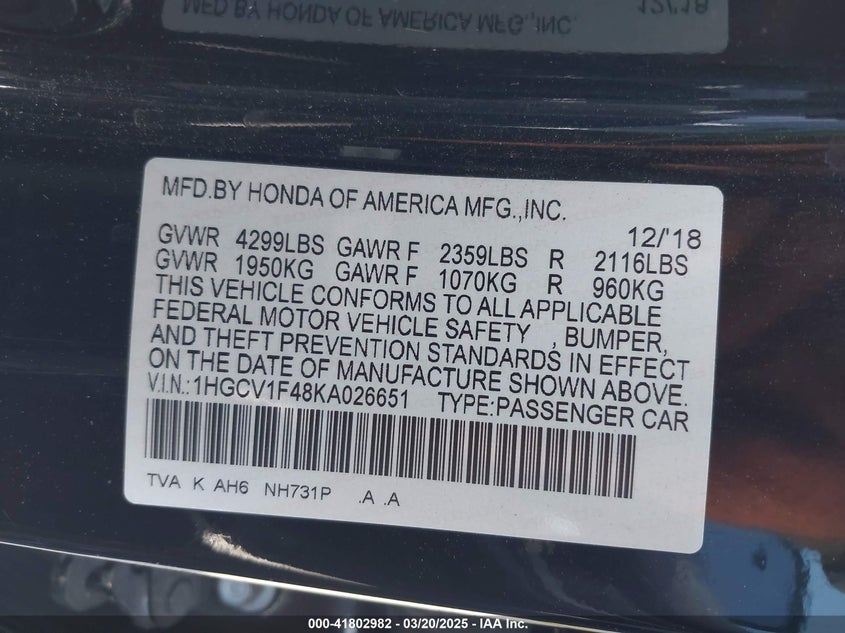 2019 HONDA ACCORD VIN: 1HGCV1F48KA026651